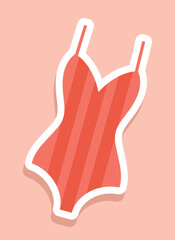 Red swimsuit icon. Comfortable clothes for holidays in exotic and tropical countries. Poster or banner for website, sticker for social media. Travel and tourism. Cartoon flat vector illustration