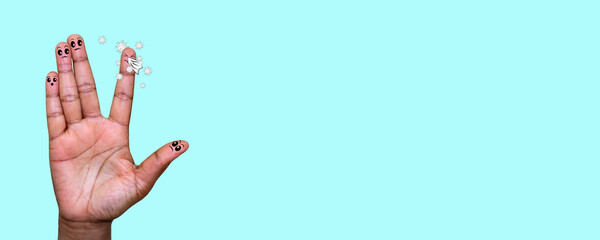 Hand with finger faces looking concerned  at one finger sneezing, hands spreading illness, spread of infection concept banner heading copyspace