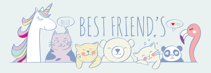 Animal Doodle of best friends,vector illustration