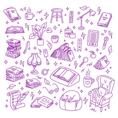 Vector hand drawn book lovers club doodles set. Piles of books, open and closed, booklist, feather, armchair, cup, home plants and lamps elements