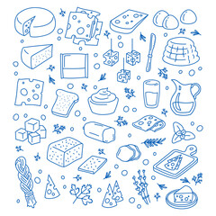 Vector hand drawn cheese and dairy doodles set. Different types of cottage, gouda, chechil, chedder, mascarpone, mozarella, melted and other cheese illustration
