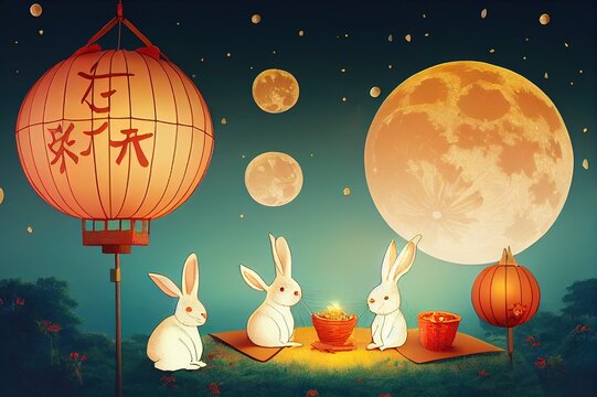 3d creative Mid Autumn Festival greeting card. Cute rabbits sitting on sky lantern to watch beautiful full moon scenery. Translation Happy Mid Autumn Festival.