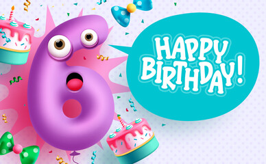 Happy 6th birthday vector design. Birthday text in speech bubble space with purple cartoon balloon party elements in pattern background. Vector Illustration. - obrazy, fototapety, plakaty