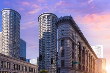 USA, Scenic Seattle financial district skyline in the city downtown.