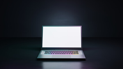 Game Laptop computer with glow color light on dark background. 3D illustration rendering.