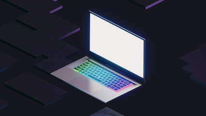 Game Laptop computer with glow color light on dark graphic background. isometric view image. 3D illustration rendering.