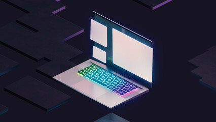 Game Laptop computer glow color light with window screen on dark graphic background. isometric view image. 3D illustration rendering.