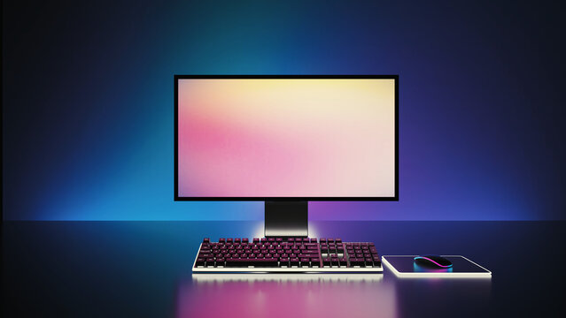 Game computer desktop with blue lights background, Modern PC computer mockup, gaming keyboard. 3d rendering illustration