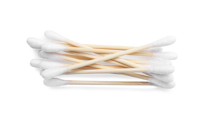 Wooden cotton buds on white background, top view