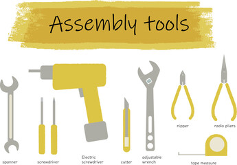 組立道具、スパナ、スクリュードライバー、電動ドリル、カッター、レンチ、ニッパー、ラジオペンチ、メジャー、工具、イラスト、ベクター、用具、セット、背景、工作、カラー、ツール、器具、インパクト、プラスドライバー、マイナスドライバー、DIY、日曜大工、修理、組立、ものづくり、モノ作り、ワークショップ、赤