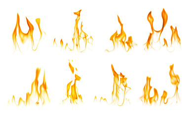 Set with beautiful bright fire flames on white background