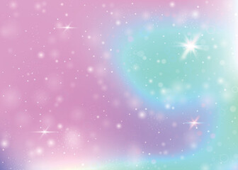 Fototapeta na wymiar Hologram background with rainbow mesh. Cute universe banner in princess colors. Fantasy gradient backdrop. Hologram unicorn background with fairy sparkles, stars and blurs.
