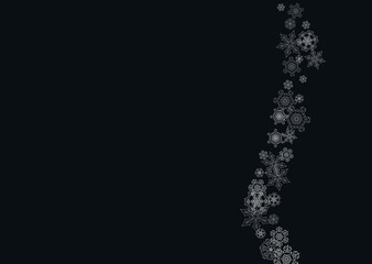 Silver snowflakes frame on black background. Horizontal shiny Christmas and New Year frame for gift certificate, ads, banners, flyers. Falling snow with glitter silver snowflakes for party invite