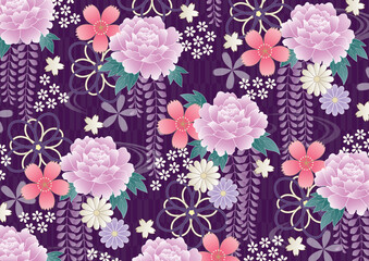 紫の藤と牡丹の豪華和柄