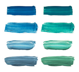Watercolor brush strokes in blue and green colors. Abstract painting in colors. Blue paint stain acrylic technique. Color vector background. Element art set hand drawn.
