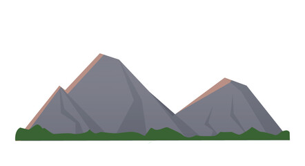 Grey mountains icon. Stone hills next to green plain. Poster or banner for website. Nature, landscape and outdoor relief. Volcano and heat, stones and rocks. Cartoon flat vector illustration