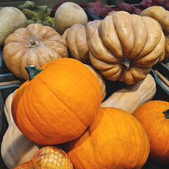 Lots of different bright, orange pumpkins for sale at the farmer's market