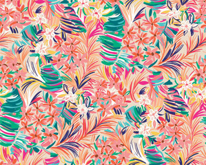 pattern of a tropical artwork, with multicolored hand drawn elements, perfect for fabrics and decoration