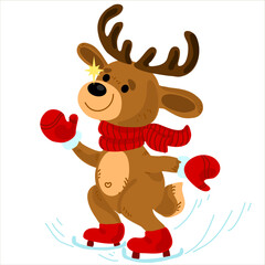 Cute christmas reindeer is skating. Christmas template design concept. Cartoon vector illustration isolated on white background.