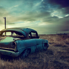 Abandoned vintage car in a rusty condition. 3D illustration