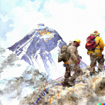 Watercolor of sherpas on himalayan mountain near Everest
