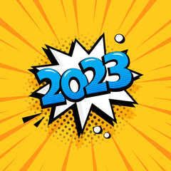 Comic 2023 New Year vector background, cartoon speech bubble in pop art style, Christmas poster, funny balloon. Celebration illustration