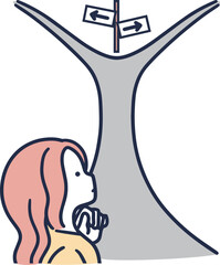 別れ道で悩む女性　人生　分岐　シンプルイラスト