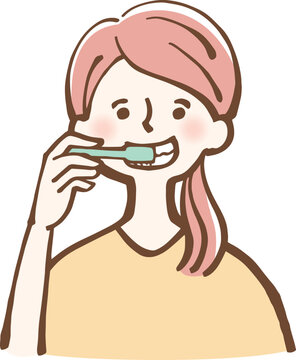 歯磨きをする女性　イラスト