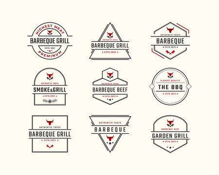 Vintage Retro Badge Emblem Rustic BBQ Grill Barbecue, Barbeque Label Stamp Logo Design Linear Style
