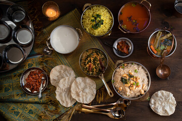 South Indian vegetarian food served in traditional copper servingware