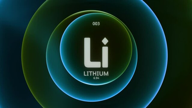 Lithium as Element 3 of the Periodic Table. Concept animation on abstract green blue gradient rings seamless loop background. Title design for science content and infographic showcase backdrop.