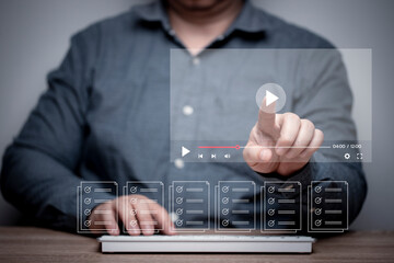 Concept of using digital online. Men are surfing the Internet, watching movies, listening to music,...