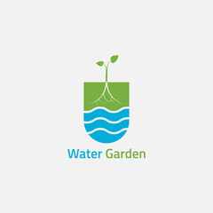 Logo of water waves and plant roots, inside a spade shape.