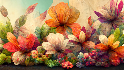 3D rendering. Wide panoramic watercolor colorful flowers with pastel color background design