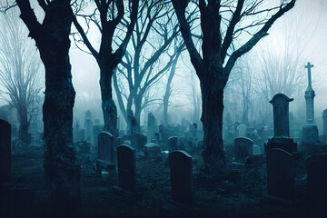 Creepy foggy graveyard, spooky tombstones
