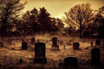 Creepy foggy graveyard, spooky tombstones