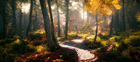 An autumn forest with big trees and sunrays background. 3D illustration