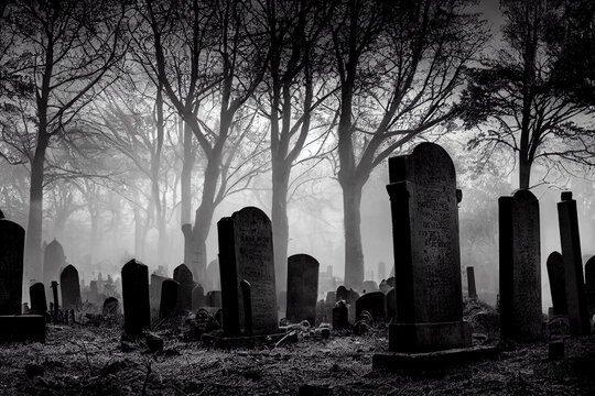 Creepy foggy graveyard, spooky tombstones