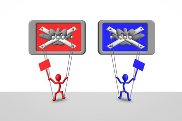 Social media influencing social and political polarisation, tribalism, division, conspiracy theories concept, ideology illustration, puppets on strings controlled by hands in phones © HollyHarry