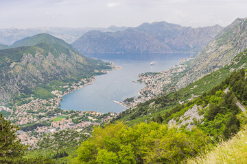 Fototapeta na wymiar Beautiful nature mountains landscape. Kotor bay, Montenegro. Views of the Boka Bay, with the cities of Kotor and Tivat with the top of the mountain, Montenegro