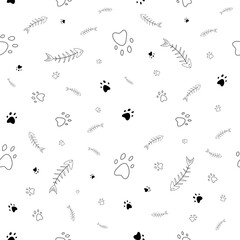 Seamles vector pattern with colored paw prints and fish skeleton, cats and dogs. Pet theme background. Black and white background