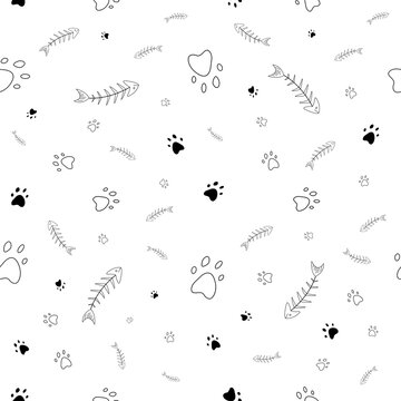 Seamles vector pattern with colored paw prints and fish skeleton, cats and dogs. Pet theme background. Black and white background
