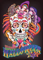 Skull and flower tropical style decoration, suitable for Halloween poster and t-shirt print design