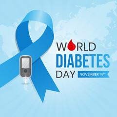 World Diabetes Day November 14th with blue ribbon and glucose meter illustration
