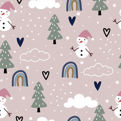 Seamless Christmas pattern with snowman, Christmas tree, rainbow, clouds, hearts and snow on brown background.