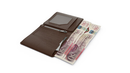3D rendering of British pound notes in wallet