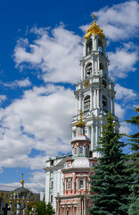 Bell tower in the Holy Trinity Sergius Lavra, built from 1741 to 1770 and 88 meters high, Russia - obrazy, fototapety, plakaty
