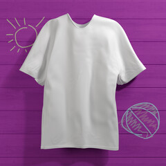 White tshirt mockup. White t-shirt mocap with no images and text, in front of a dark pink wood background. 3D İllustration