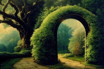 Archway in an enchanted garden Landscape with big old trees. High quality illustration