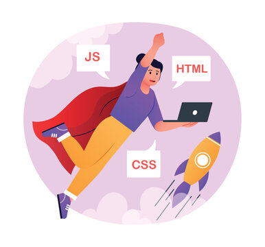 Advanced computer skills. IIT specialist writes code with laptop. Young girl learning to be programmer, learning various programming languages. Selfdevelopment. Cartoon flat vector illustration